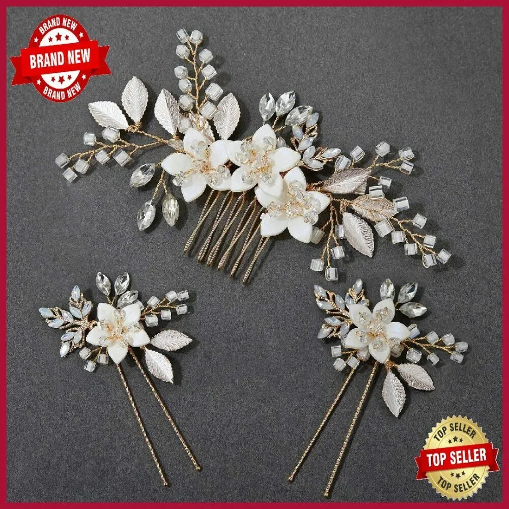 Handmade Wedding Hair Comb Set with Crystal Flowers and Gold Leaves